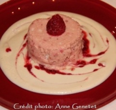 Raspberry souffle on a bed of almond milk